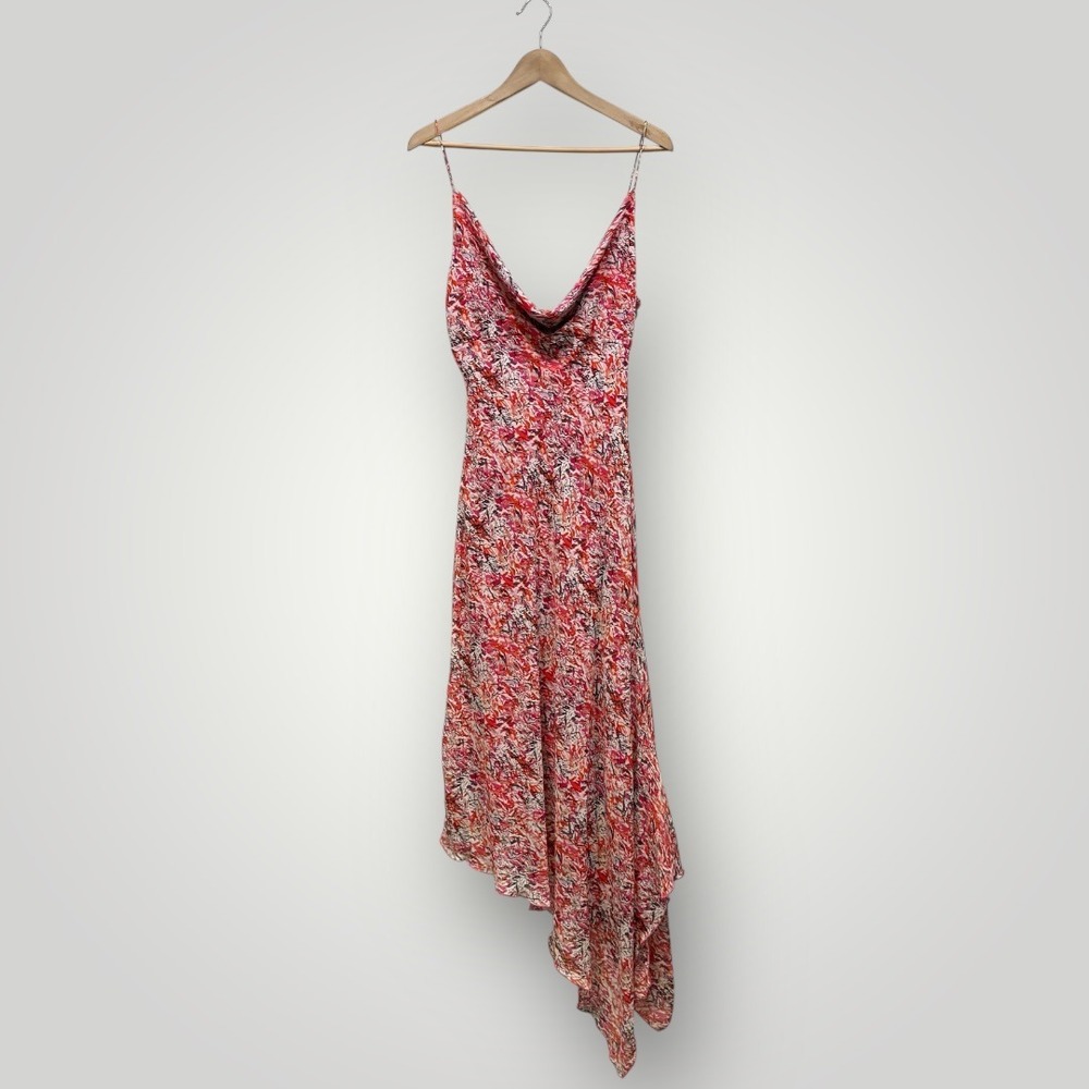 Lapis 100% Silk Cowl Neck  Midi Dress Pink Red  Large‎ asymmetrical hem